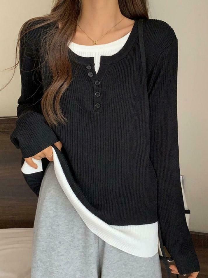 Y2K Aesthetic Contrast Color Fake Two Piece Knit Top for Women - Coquette & Grunge Style Y2K Aesthetic Contrast Color Fake Two Piece Knit Top for Women - Coquette & Grunge Style