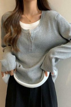 Y2K Aesthetic Contrast Color Fake Two Piece Knit Top for Women - Coquette & Grunge Style