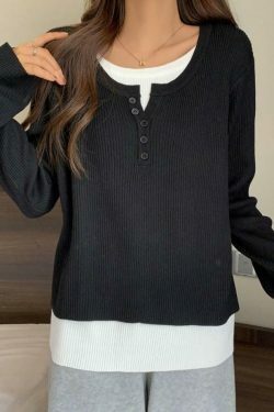 Y2K Aesthetic Contrast Color Fake Two Piece Knit Top for Women - Coquette & Grunge Style