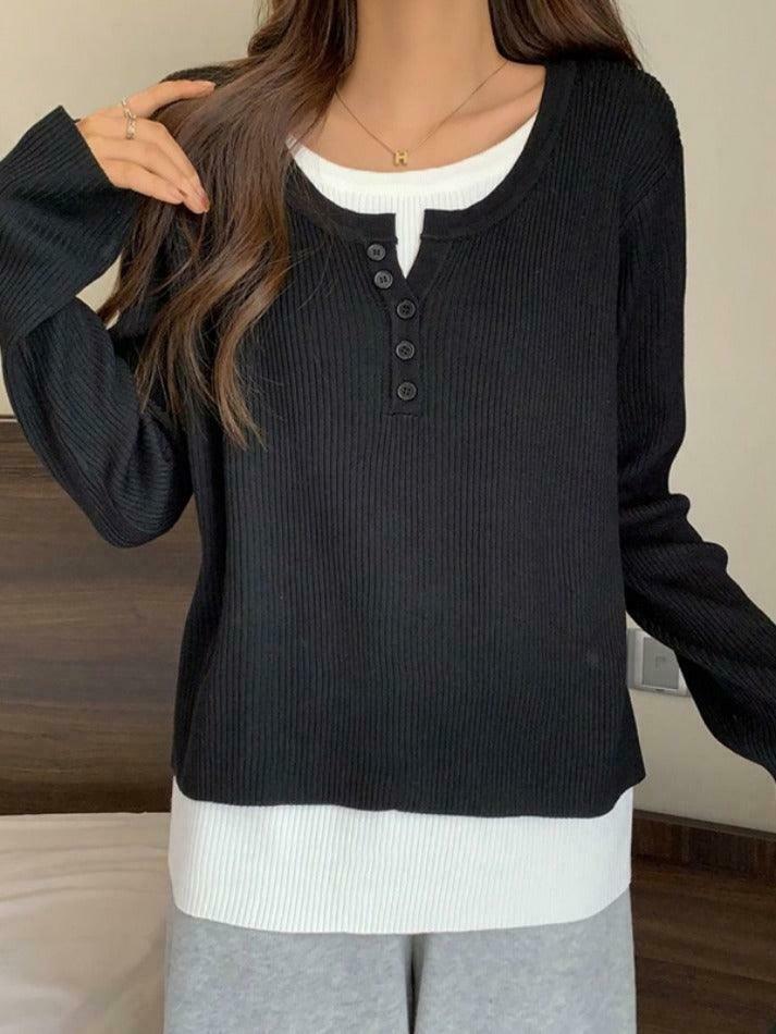 Y2K Aesthetic Contrast Color Fake Two Piece Knit Top for Women - Coquette & Grunge Style Y2K Aesthetic Contrast Color Fake Two Piece Knit Top for Women - Coquette & Grunge Style