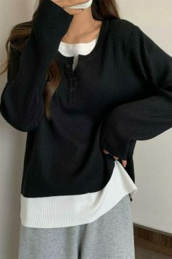 Y2K Aesthetic Contrast Color Fake Two Piece Knit Top for Women - Coquette & Grunge Style