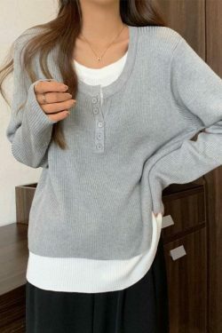 Y2K Aesthetic Contrast Color Fake Two Piece Knit Top for Women - Coquette & Grunge Style