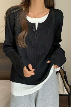 Y2K Aesthetic Contrast Color Fake Two Piece Knit Top for Women - Coquette & Grunge Style