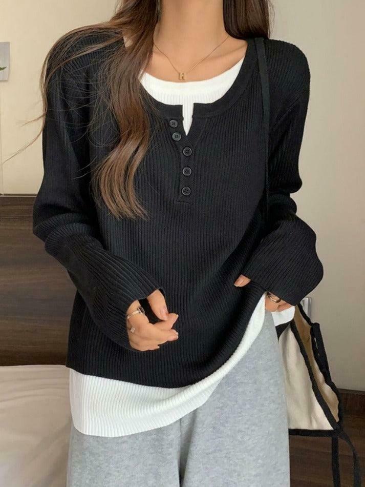 Y2K Aesthetic Contrast Color Fake Two Piece Knit Top for Women - Coquette & Grunge Style Y2K Aesthetic Contrast Color Fake Two Piece Knit Top for Women - Coquette & Grunge Style