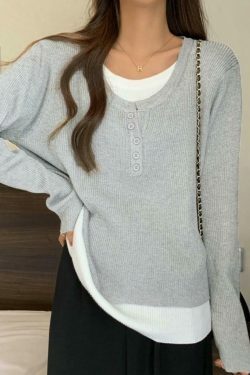 Y2K Aesthetic Contrast Color Fake Two Piece Knit Top for Women - Coquette & Grunge Style