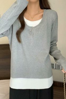 Y2K Aesthetic Contrast Color Fake Two Piece Knit Top for Women - Coquette & Grunge Style