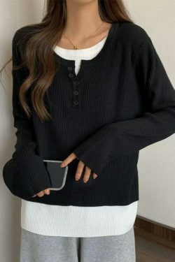 Y2K Aesthetic Contrast Color Fake Two Piece Knit Top for Women - Coquette & Grunge Style