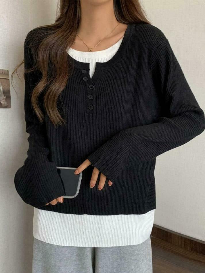 Y2K Aesthetic Contrast Color Fake Two Piece Knit Top for Women - Coquette & Grunge Style Y2K Aesthetic Contrast Color Fake Two Piece Knit Top for Women - Coquette & Grunge Style