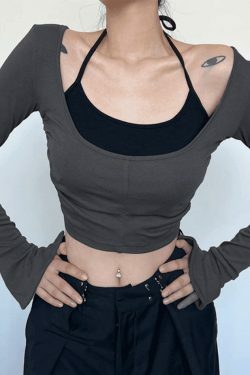 Y2K Aesthetic Contrast Color Halter Flare Long Sleeve Tee - Coquette & Grunge Style