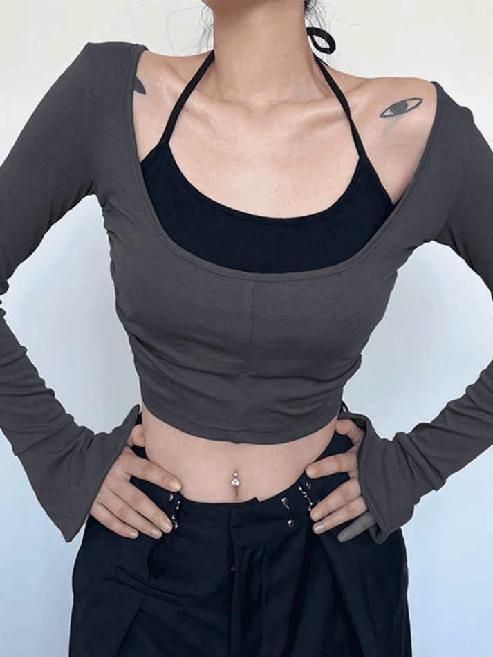 Y2K Aesthetic Contrast Color Halter Flare Long Sleeve Tee - Coquette & Grunge Style Y2K Aesthetic Contrast Color Halter Flare Long Sleeve Tee - Coquette & Grunge Style