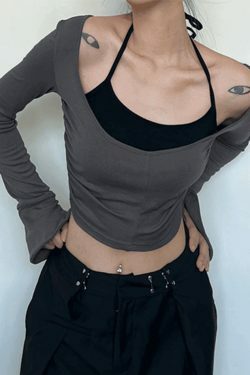 Y2K Aesthetic Contrast Color Halter Flare Long Sleeve Tee - Coquette & Grunge Style