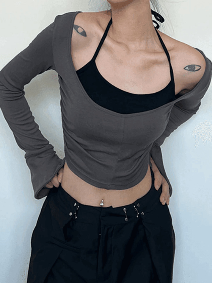 Y2K Aesthetic Contrast Color Halter Flare Long Sleeve Tee - Coquette & Grunge Style Y2K Aesthetic Contrast Color Halter Flare Long Sleeve Tee - Coquette & Grunge Style