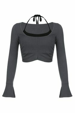 Y2K Aesthetic Contrast Color Halter Flare Long Sleeve Tee - Coquette & Grunge Style