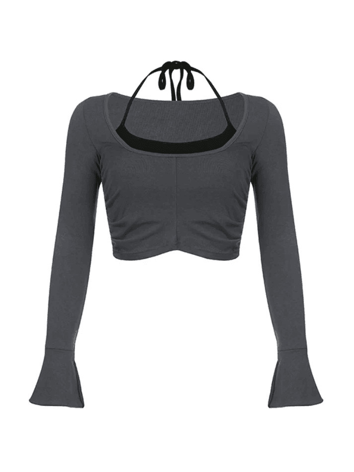 Y2K Aesthetic Contrast Color Halter Flare Long Sleeve Tee - Coquette & Grunge Style Y2K Aesthetic Contrast Color Halter Flare Long Sleeve Tee - Coquette & Grunge Style