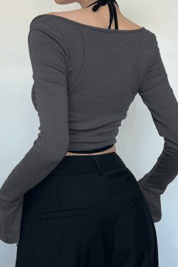 Y2K Aesthetic Contrast Color Halter Flare Long Sleeve Tee - Coquette & Grunge Style