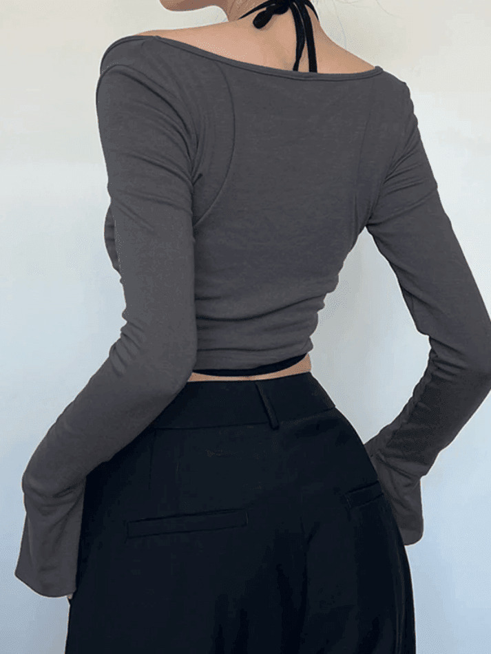 Y2K Aesthetic Contrast Color Halter Flare Long Sleeve Tee - Coquette & Grunge Style Y2K Aesthetic Contrast Color Halter Flare Long Sleeve Tee - Coquette & Grunge Style