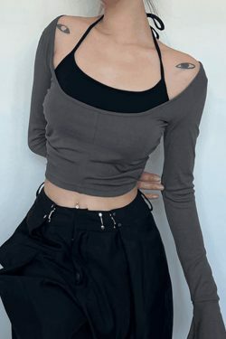Y2K Aesthetic Contrast Color Halter Flare Long Sleeve Tee - Coquette & Grunge Style
