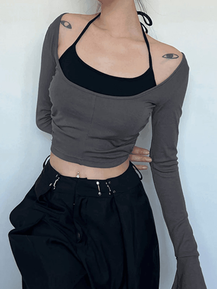 Y2K Aesthetic Contrast Color Halter Flare Long Sleeve Tee - Coquette & Grunge Style Y2K Aesthetic Contrast Color Halter Flare Long Sleeve Tee - Coquette & Grunge Style