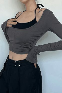 Y2K Aesthetic Contrast Color Halter Flare Long Sleeve Tee - Coquette & Grunge Style