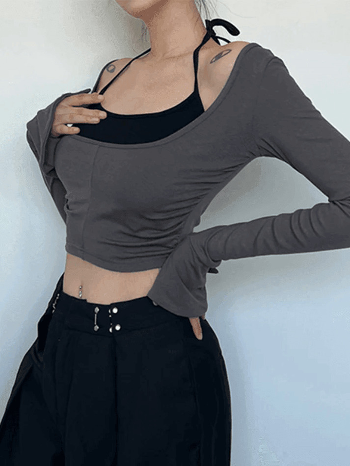 Y2K Aesthetic Contrast Color Halter Flare Long Sleeve Tee - Coquette & Grunge Style Y2K Aesthetic Contrast Color Halter Flare Long Sleeve Tee - Coquette & Grunge Style