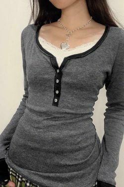 Y2K Aesthetic Contrast Color Long Sleeve Tee for Women - Coquette Grunge Style Fashion