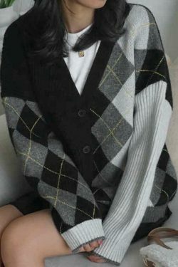 Y2K Aesthetic Contrast Color Plaid Patchwork Cardigan - Coquette Grunge Style for Women