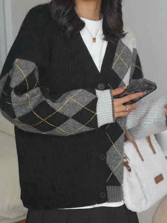 Y2K Aesthetic Contrast Color Plaid Patchwork Cardigan - Coquette Grunge Style for Women Y2K Aesthetic Contrast Color Plaid Patchwork Cardigan - Coquette Grunge Style for Women