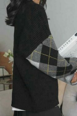 Y2K Aesthetic Contrast Color Plaid Patchwork Cardigan - Coquette Grunge Style for Women