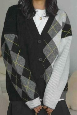 Y2K Aesthetic Contrast Color Plaid Patchwork Cardigan - Coquette Grunge Style for Women