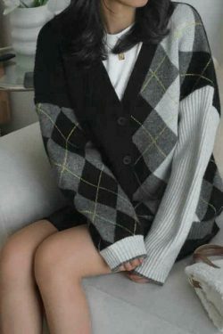 Y2K Aesthetic Contrast Color Plaid Patchwork Cardigan - Coquette Grunge Style for Women