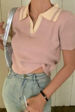 Y2K Aesthetic Contrast Color Polo Neck Knit Sweater