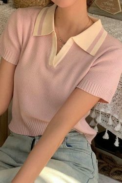 Y2K Aesthetic Contrast Color Polo Neck Knit Sweater