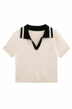Y2K Aesthetic Contrast Color Polo Neck Knit Sweater