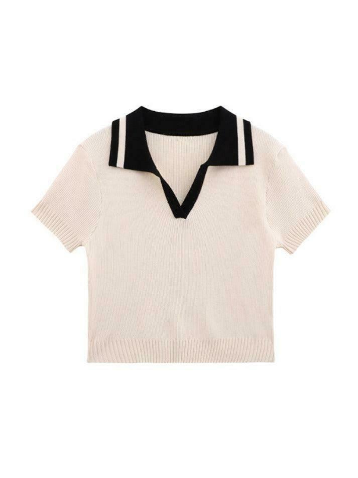 Y2K Aesthetic Contrast Color Polo Neck Knit Sweater