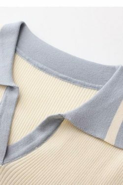 Y2K Aesthetic Contrast Color Polo Neck Knit Sweater