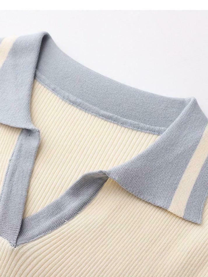 Y2K Aesthetic Contrast Color Polo Neck Knit Sweater