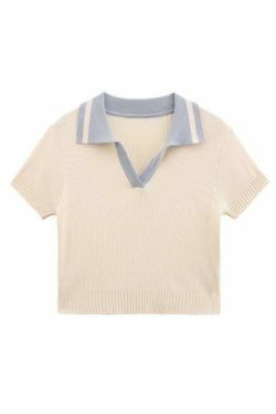 Y2K Aesthetic Contrast Color Polo Neck Knit Sweater