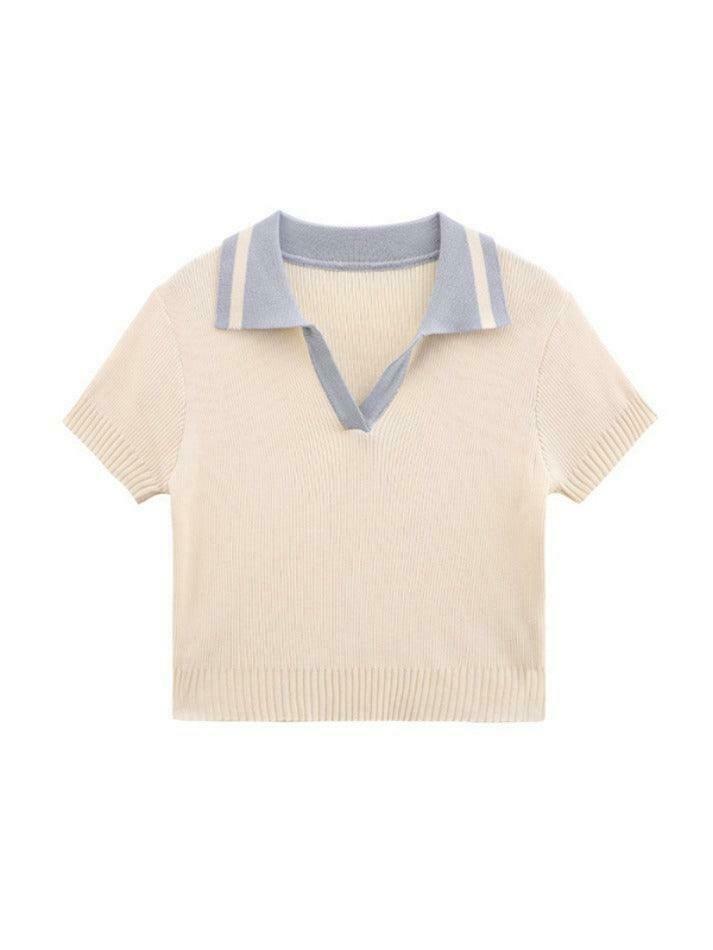 Y2K Aesthetic Contrast Color Polo Neck Knit Sweater