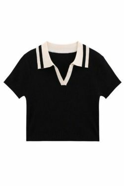 Y2K Aesthetic Contrast Color Polo Neck Knit Sweater