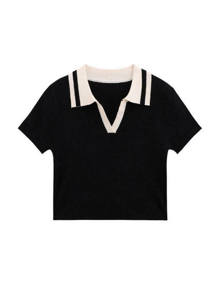 Y2K Aesthetic Contrast Color Polo Neck Knit Sweater