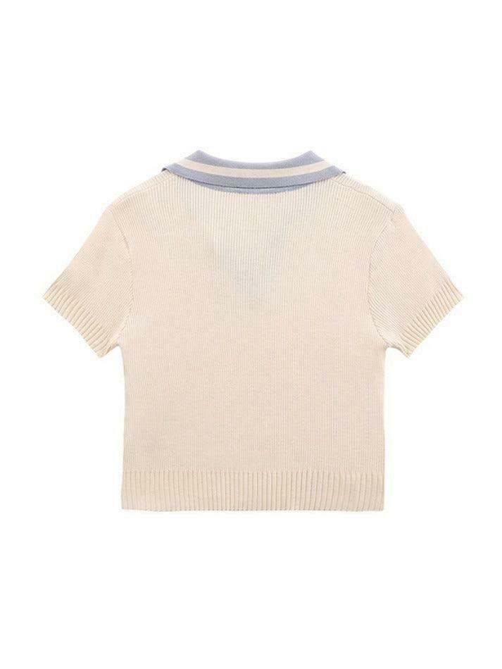 Y2K Aesthetic Contrast Color Polo Neck Knit Sweater