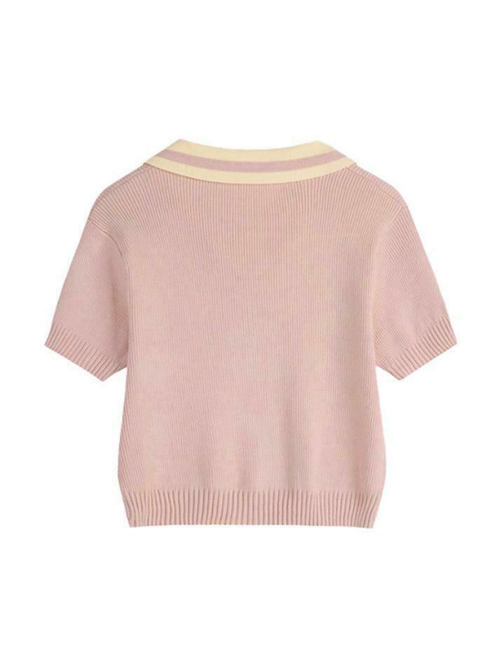 Y2K Aesthetic Contrast Color Polo Neck Knit Sweater