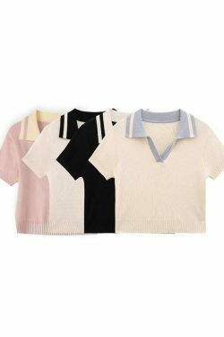 Y2K Aesthetic Contrast Color Polo Neck Knit Sweater