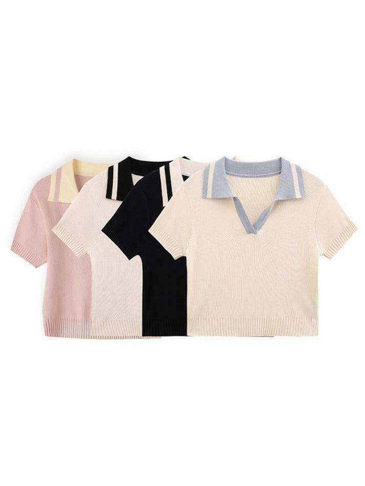 Y2K Aesthetic Contrast Color Polo Neck Knit Sweater