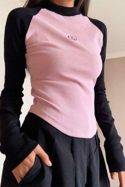 Y2K Aesthetic Contrast Color Raglan Slim Knit for Women - Coquette & Grunge Style Tops