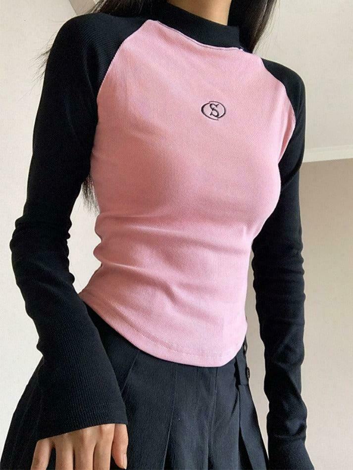 Y2K Aesthetic Contrast Color Raglan Slim Knit for Women - Coquette & Grunge Style Tops Y2K Aesthetic Contrast Color Raglan Slim Knit for Women - Coquette & Grunge Style Tops