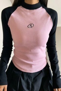 Y2K Aesthetic Contrast Color Raglan Slim Knit for Women - Coquette & Grunge Style Tops