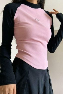 Y2K Aesthetic Contrast Color Raglan Slim Knit for Women - Coquette & Grunge Style Tops