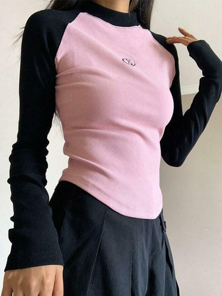 Y2K Aesthetic Contrast Color Raglan Slim Knit for Women - Coquette & Grunge Style Tops Y2K Aesthetic Contrast Color Raglan Slim Knit for Women - Coquette & Grunge Style Tops