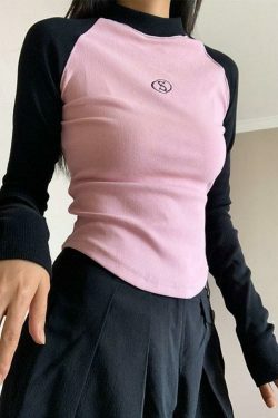 Y2K Aesthetic Contrast Color Raglan Slim Knit for Women - Coquette & Grunge Style Tops